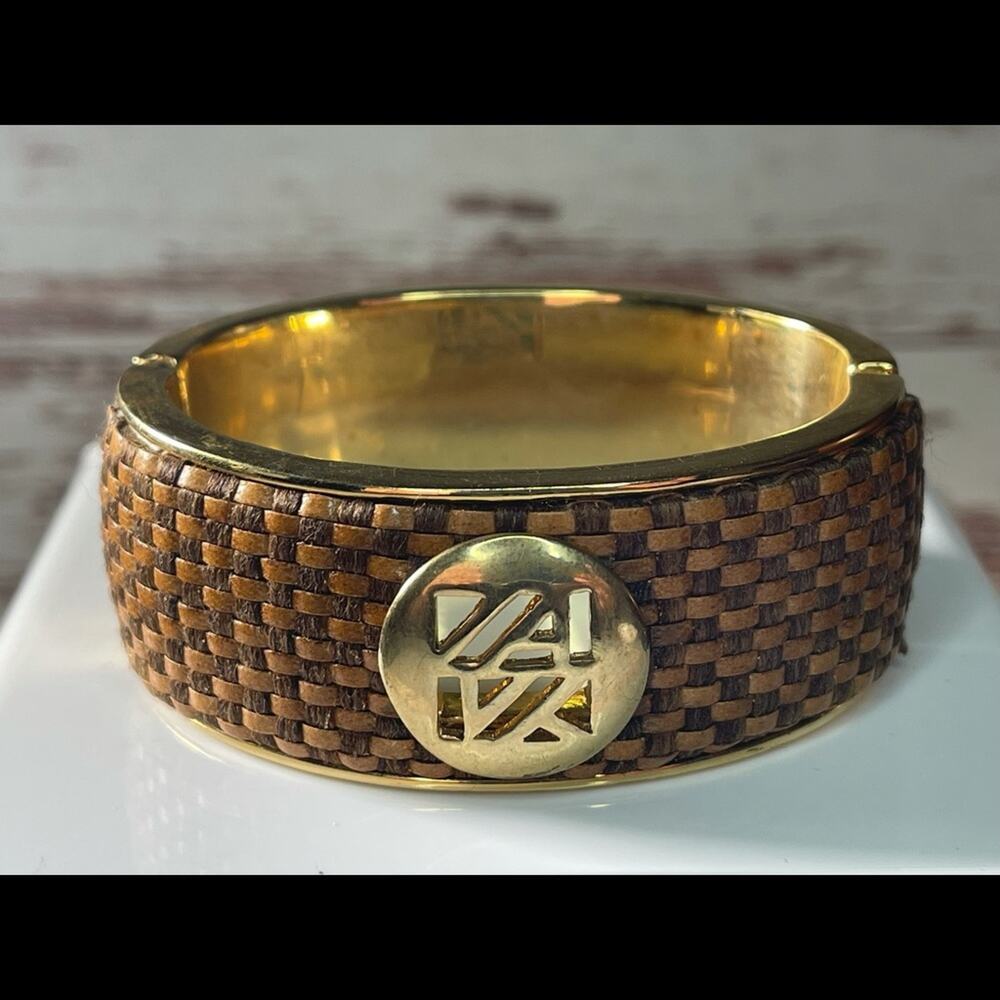 Vintage 90s Anne Klein Goldtone and Woven Brown Bangle Bracelet w/ Clasp